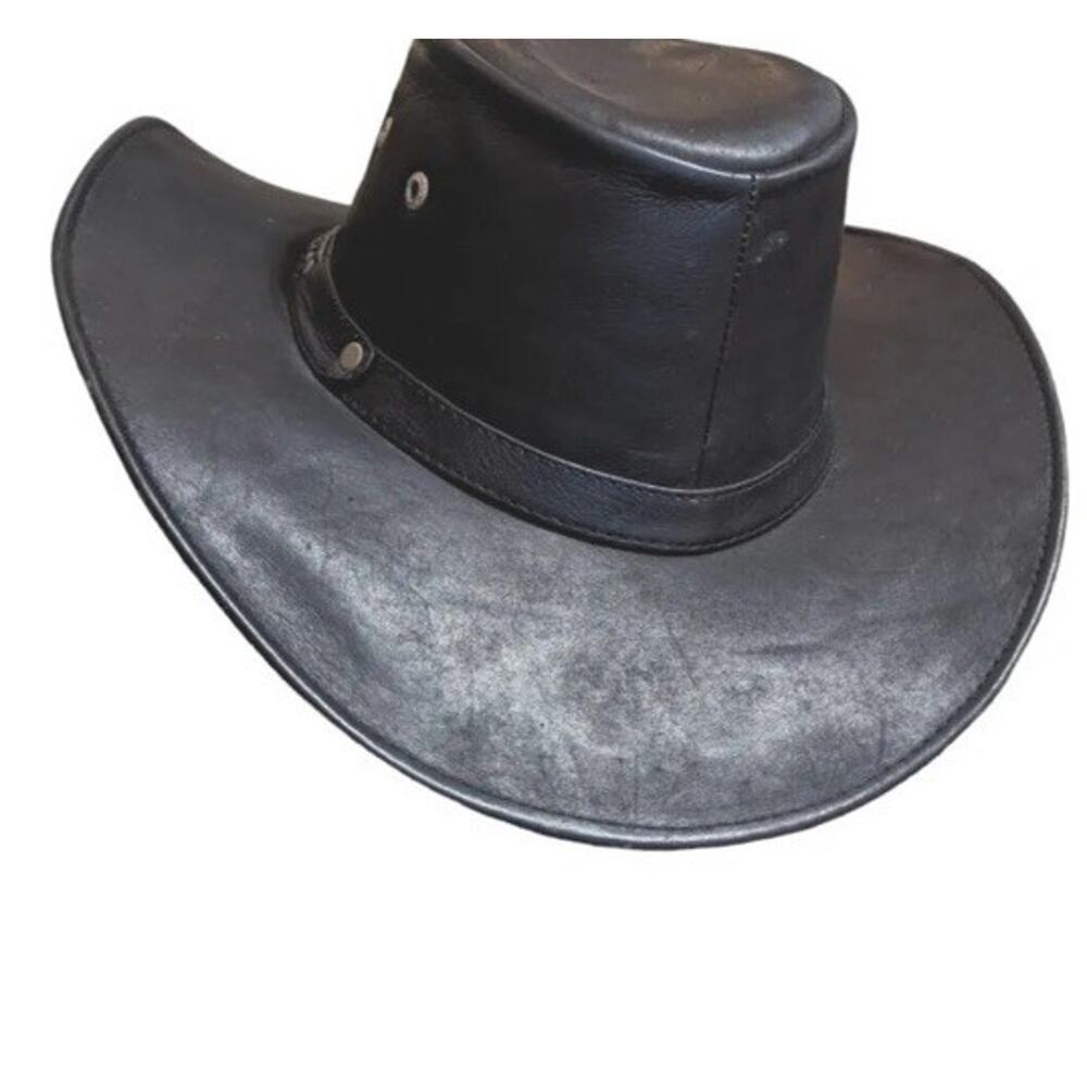 Genuine Leather Outback Cowboy Hat Black Western Biker Rancher Aussie Boho Vtg - Picture 5 of 6